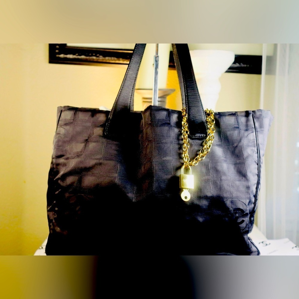 CHANEL Large Travel Line Tote MM Tote Bag Nylon Jacquard Leather